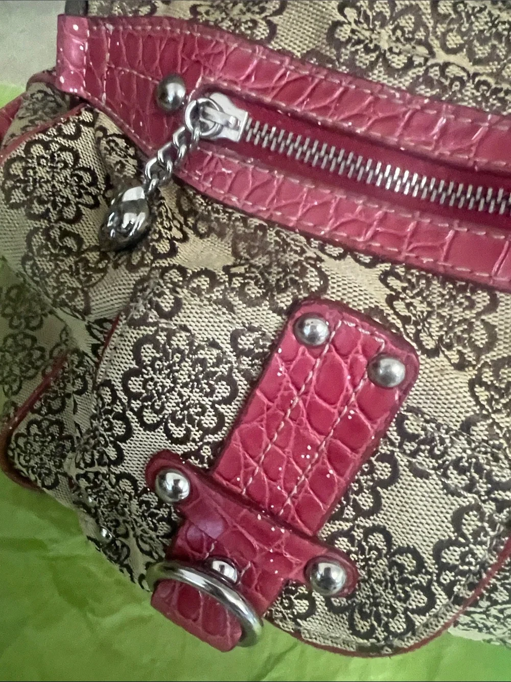 Beige /Red Kathy Van Zeeland Patterned Shoulder Bag with Red Trim